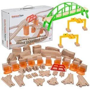 Orbrium Toys 110 Pcs Wooden Train Track Expansion Pack Compatible with RC Tank Gas Engine Thomas Wooden Train Brio