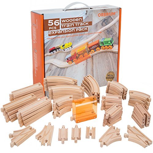 Orbrium Toys 56 Piece Wooden Train Track Expansion Pack with Tunnel Compatible with Brio RC Train Set Thomas Wooden Railway Chuggington Imaginarium