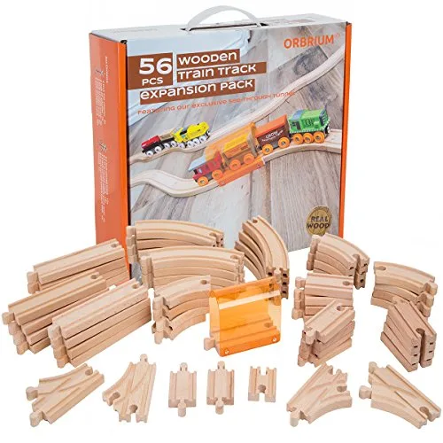 Orbrium Toys 56 Piece Wooden Train Track Expansion Pack with Tunnel Compatible with Brio RC Train Set Thomas Wooden Railway Chuggington Imaginarium