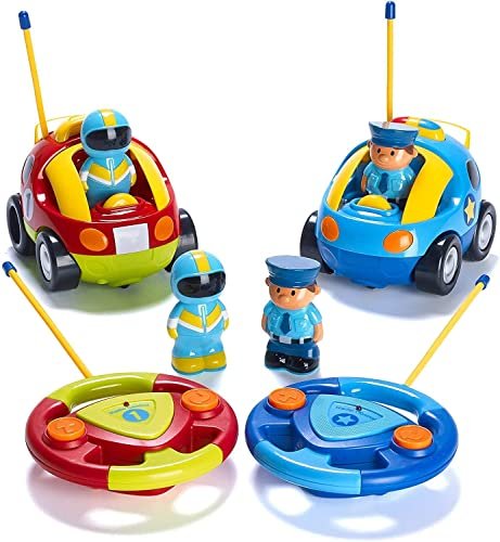 PREXTEX Cartoon RC Race Car and Police Car 2 Pack Remote Control Toy Set for Toddlers
