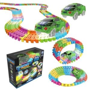 Mindscope Twister Tracks Neon Glow in The Dark 221 Piece Flexible Assembly Track Race Series with Glow in the Dark RC Helicopter