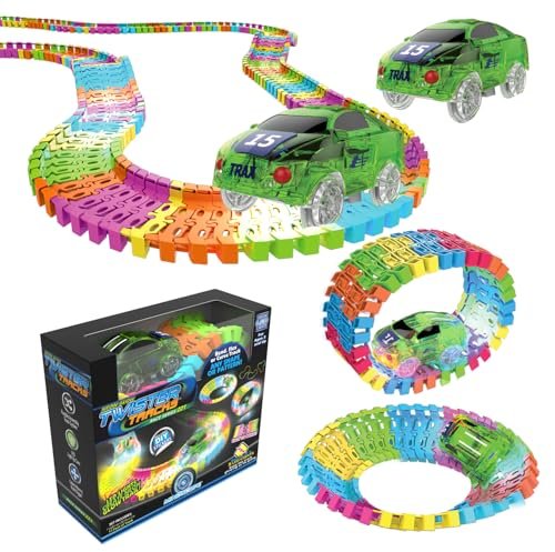 Mindscope Twister Tracks Neon Glow in The Dark 221 Piece Flexible Assembly Track Race Series with Glow in the Dark RC Helicopter