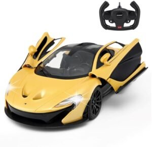 PowerTRC Official Licensed 1 14 Scale Mclaren P1 Model Super Car with Functional Lights Open Doors Push Button Yellow Featuring RC Plane Bomb Bay Doors