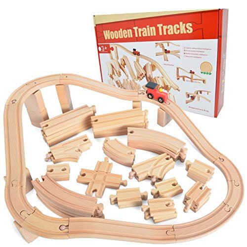 JOYIN 62 Pieces Wooden Train Track Set with Thomas the Train RC Car Compatible with Versatile Brands Perfect Gift for Kids 3 8 Years Old