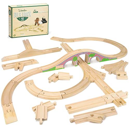 Conductor Carl Wooden Train Track Set 42 Pieces Compatible with RC Train Games and Major Toy Train Brands