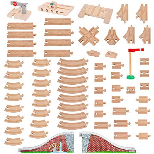 Orbrium Toys 68 Pcs Wooden Train Track Expansion Pack Compatible with RC Train Engine Thomas Wooden Train Brio Thomas The Tank Engine