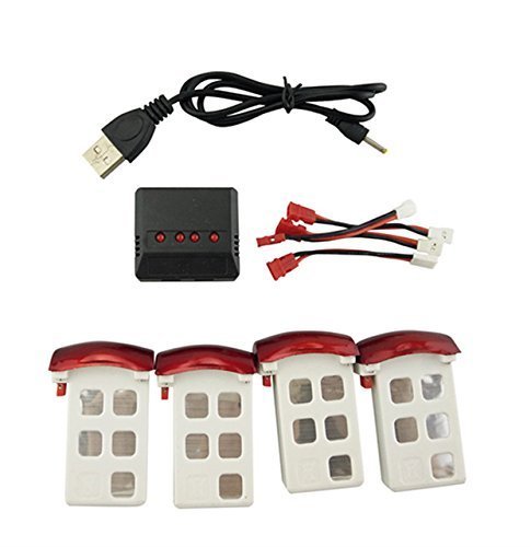 Fytoo Accessories 4PCS 3.7V 500mAh Batteries for SYMA X5UW X5UC Remote Control Helicopter 4PCS Batteries + 1 for 4 Charger + 4PCS Transfer Cables