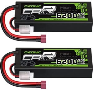 OVONIC 2S Lipo Battery 50C 6200mAh 7.4V Drill Battery RC Car with Dean Style T Connector 2 Packs