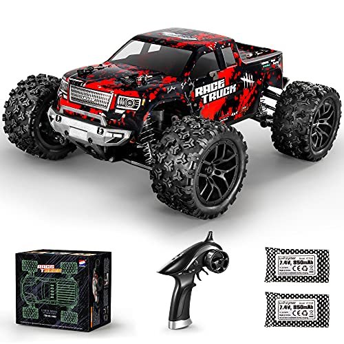 HAIBOXING 1/8 Scale Electric RC Truck 4WD High Speed 36KM/H Off Road Remote Control Car with 2.4GHz Radio Controller 2 Batteries and Charger Waterproof Red