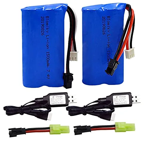 Blomiky 2 Pack H101 7.4V 1500mAh SM 2P Plug Battery with USB Charger for H105 RC Boat