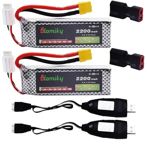 Blomiky 2 Pack XT60 Plug 11.1V 3S 2200mAh Lipo Battery and Charger for Duratrax Evader RC Truck and Other RC Vehicles