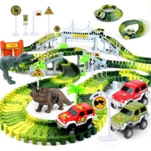 AUUGUU Dinosaur Toys Create A Race Car Track Dino World with Flexible Track and 2 Cool Cars Best RC Car Track for Kids Age 3 4 5 6 7