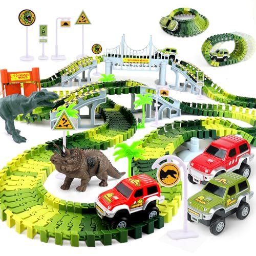 AUUGUU Dinosaur Toys Create A Race Car Track Dino World with Flexible Track and 2 Cool Cars Best RC Car Track for Kids Age 3 4 5 6 7