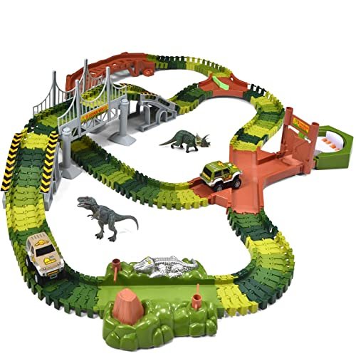 JOYIN Dinosaur Toys 192 Pieces Race Tracks Flexible Train Track Race Car Vehicle Playset with 2 Battery Powered Race Cars and 2 Dinosaur Figures Perfect for RC Car Tracks in Utah