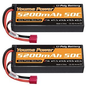 Youme Power 2S Lipo Battery 5200mAh 2 Packs 7.4V 50C T Plug for RC Trucks Nitro and Other 1/8 1/10 RC Vehicles