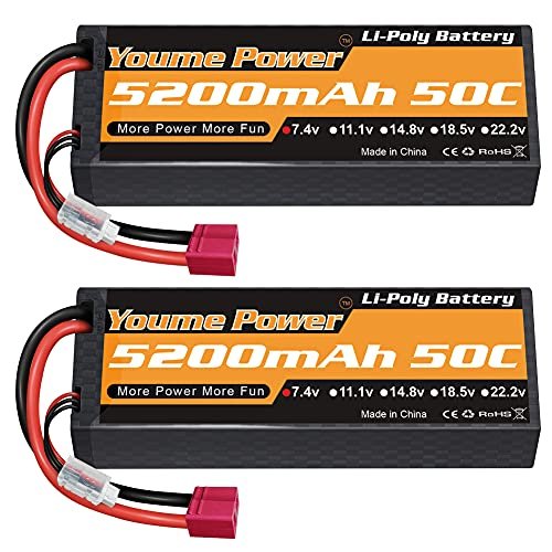 Youme Power 2S Lipo Battery 5200mAh 2 Packs 7.4V 50C T Plug for RC Trucks Nitro and Other 1/8 1/10 RC Vehicles
