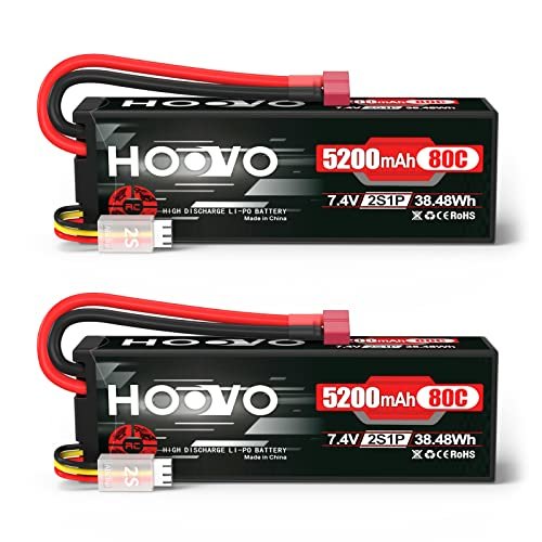 HOOVO 2S 7.4V 5200mAh 80C RC LiPo Battery Hard Case with T Connector for RC Offshore Boat Hulls and More 2 Pack