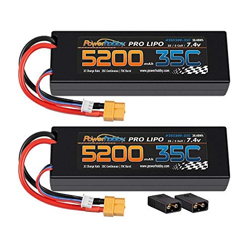 Powerhobby 2S 7.4V 5200mAh 35C Lipo Battery with XT60 Plug and Adapter for Traxxas Slash Stampede Rustler ERevo EMaxx Spartan M41 XMaxx