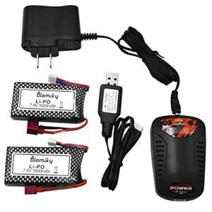 Blomiky 2 Pack 11.84Wh 7.4V 1600mAh 45C T Connector Plug Li Po Battery and Charger for Globe Liner RC Truck and 1/10 Scale 48KMH 4X4 Fast RC Cars
