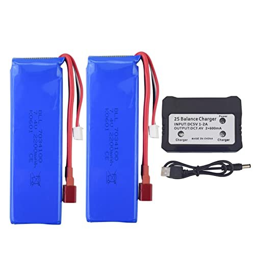 Fytoo 2PCS 7.4V 2200mah Lithium Battery with 2 in 1 Charger for WLtoys K949 10428 10428-A L202 RC high-Speed Remote Control car Upgraded Lithium Battery high-Rate T-Type Plug Battery