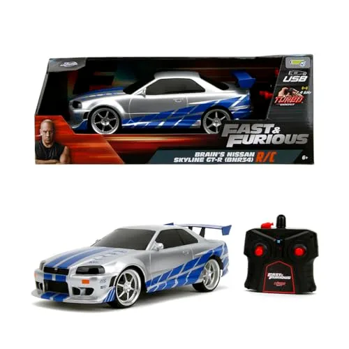 Jada Toys Fast and Furious RC Truck Brian's Nissan Skyline GT-R Bnr34 Ready to Run Radio Control Toy Vehicle 1/16 Scale Silver and Blue 99370