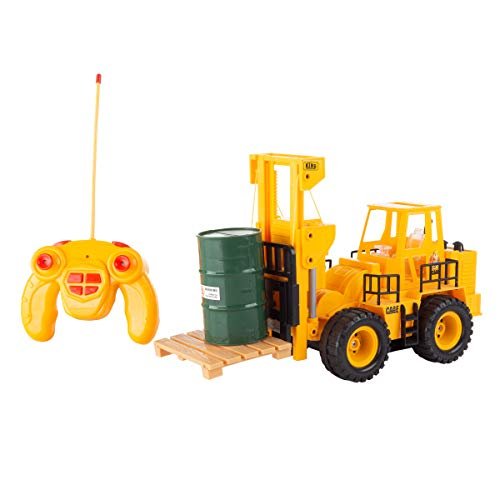 Hey Play Remote Control Toy Forklift 124 Scale Fully Functional RC Fork Truck with Lights and Sound Includes Pallet Pretend Barrel for Kids Brown