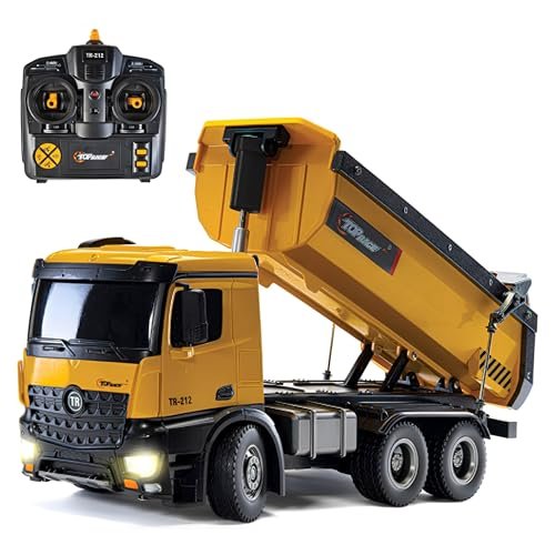 Top Race RC Dump Truck Toy with Scale Engines 1/14 Heavy Duty Construction Vehicle 7 lb Load Capacity
