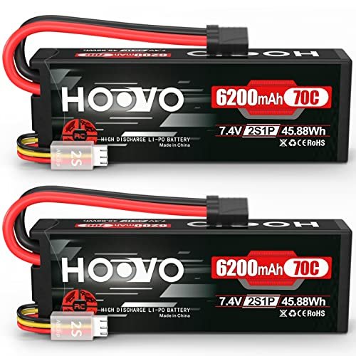 HOOVO 7.4V 70C 6200mAh 2S Lipo Battery Hard Case with Tracxas Plug for RC Car Battery 7.4V and More 2 Packs