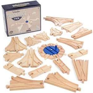 RC Toy Hobby Switch Track Wooden Train Set 18 pcs with 8 Way Turntable Rail Station Accessory Compatible with All Major Classic Toy Train Brands