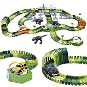 WESPREX 1 4 Scale RC Race Cars Dinosaur Track Toy Set 288 PCS Flexible Track Playset with 240 Tracks Dinosaur Car Race Car Drawbridge Tunnel