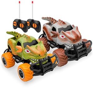 Best Choice Products Set of 2 1/43 Scale 27MHz Dinosaur RC Remote Control Car Toys with 9mph Max Speed and 2 Controllers