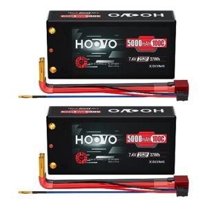 HOOVO 2S 7.4V 100C 5000mAh RC Shorty Lipo Battery Hard Case Pack with 4.0mm Bullet T Connector for 1/10 Scale RC Semi Trucks and Vehicles 2 Pack