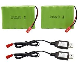 Blomiky 2 Pack 6V 900mAh AA Battery Pack with JST Plug and USB Charger Cable for Huina RC Bulldozer 540 520 510 Models