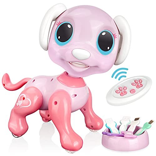 RACPNEL Big Dog RC Hobbies Interactive Robot Dog Toy Programmable Puppy with Gesture Sensing Lights Sounds for Ages 3 Plus Pink