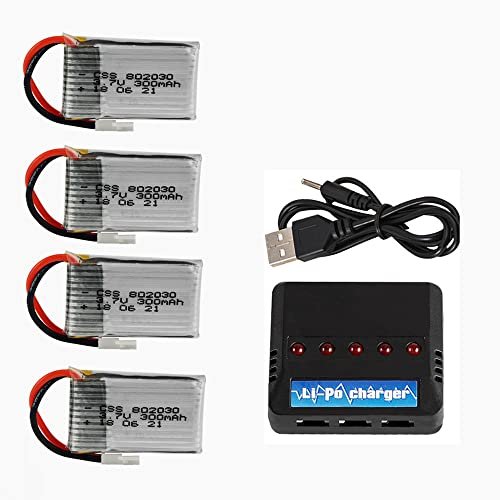 CBB 3.7V 300mAh LI PO Battery 4 Pack with 5 in 1 Smart Charger for 1/18 Scale RC Shark UDI U816 U830 F180 E55 FQ777 FQ17W Syma X11 X11C Drone