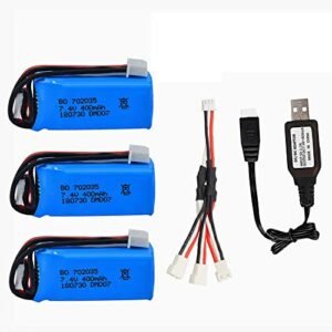 DM007 Drone RC Quadcopter 7.4V 400mAh Lithium Battery 2S 3 Pack with USB Charger and 3 in 1 Charging Line