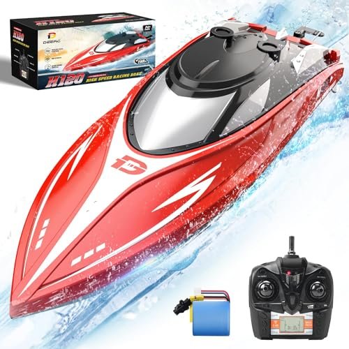 DEERC H120 Fast Battery RC Boat for Pools and Lakes 2.4 GHz 20+ MPH Racing Boats for Kids Adults with Rechargeable Battery Low Battery Alarm Capsize Recovery