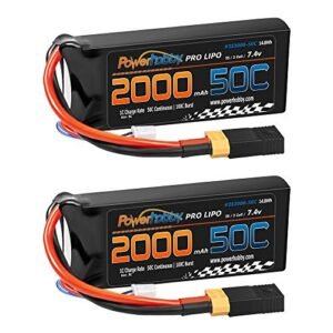 Powerhobby 2s 7.4v 2000mah 50c Lipo Battery with XT60 Plug and Adapter 2 Pack for Traxxas 1/16 E Revo Slash Rally Summit