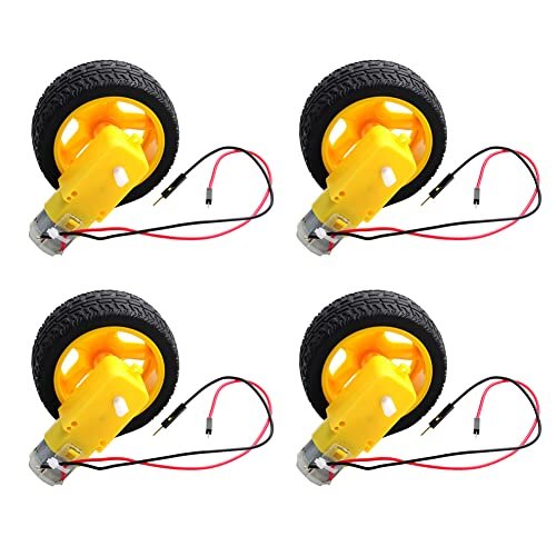 DIYmall TT Motor with Leads DC 3-6V Gearbox Motor 1:48 200RPM Tire Wheel for Arduino Smart Car 2Pin Male Connector Wire (4, 4motor+4wheel)