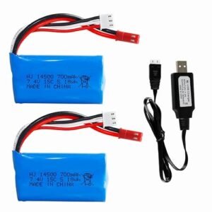 HBX RC Car 7.4V 700mAh Li ion Battery 2 Pack with USB Charging Cable for Syma F1 RC Drone and WLtoys WL917 RC Boat
