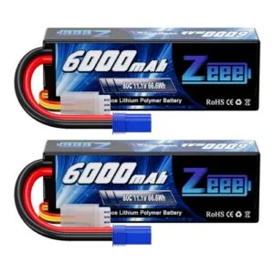 Zeee 11.1V 80C 3S 6000mAh Lipo Battery Hard Case with EC5 Connector for 1/8 Scale RC Semi Trucks and Cars 2 Pack