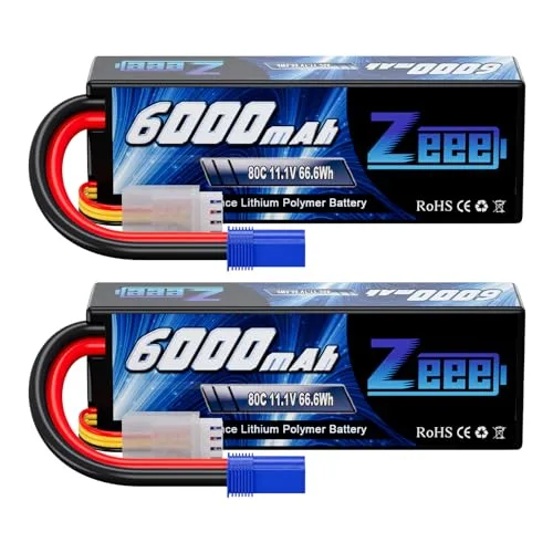 Zeee 11.1V 80C 3S 6000mAh Lipo Battery Hard Case with EC5 Connector for 1/8 Scale RC Semi Trucks and Cars 2 Pack