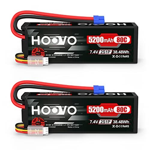 HOOVO 7.4V 5200mAh 80C 2S Lipo Battery Hard Case with EC3 Plug for Popular RC Trucks Cars Helicopters Drones 2 Packs