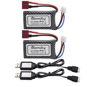 Blomiky 2 Pack 7.4V 1000mAh Lipo RC Car Battery Pack and Charger with T Plug for Haiboxing and XLH Q903 Models