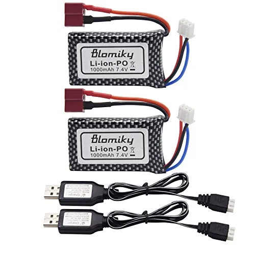 Blomiky 2 Pack 7.4V 1000mAh Lipo RC Car Battery Pack and Charger with T Plug for Haiboxing and XLH Q903 Models