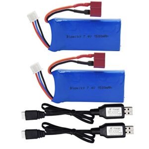 Blomiky 2 Pack 7.4V 1500mAh 40C Lipo Rechargeable Battery with T Plug and USB Charger Cable for American RC Fire Trucks and Compatible Models
