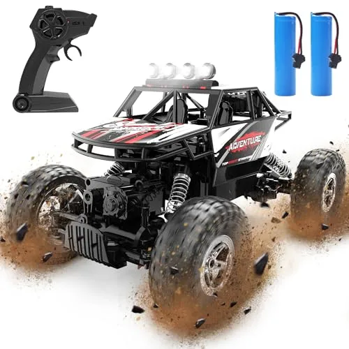 DEERC DE45 RC Monster Truck Off Road 1/14 Scale 4WD Metal Shell Remote Control Car with Dual Motors LED Headlight and 2 Rechargeable Batteries for Adults and Kids