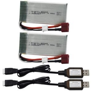 Blomiky 2 Pack 7.4V 1700mAh 12.58Wh 30C Lipo Battery with T Plug and Charger Cables for 1:10 Scale 200E 9200 9200E 9205E 9206E RC Trucks 7.4V 1700mAh 2