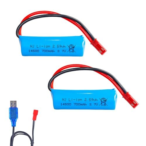 2Pcs 15C 3.7v Lipo Battery 700mAh JST Plug with USB Charging Cable for Huina 1337 1338 RC Construction Trucks 1337 Matching Car Robot Toy Water-Gun Soft-Gun