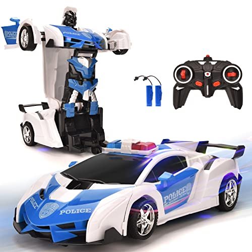 VillaCool Transform Remote Control Car 2.4GHz Robot RC Police Toy Car for Kids Boys Age 4 12 Birthday Xmas Gift Police Blue